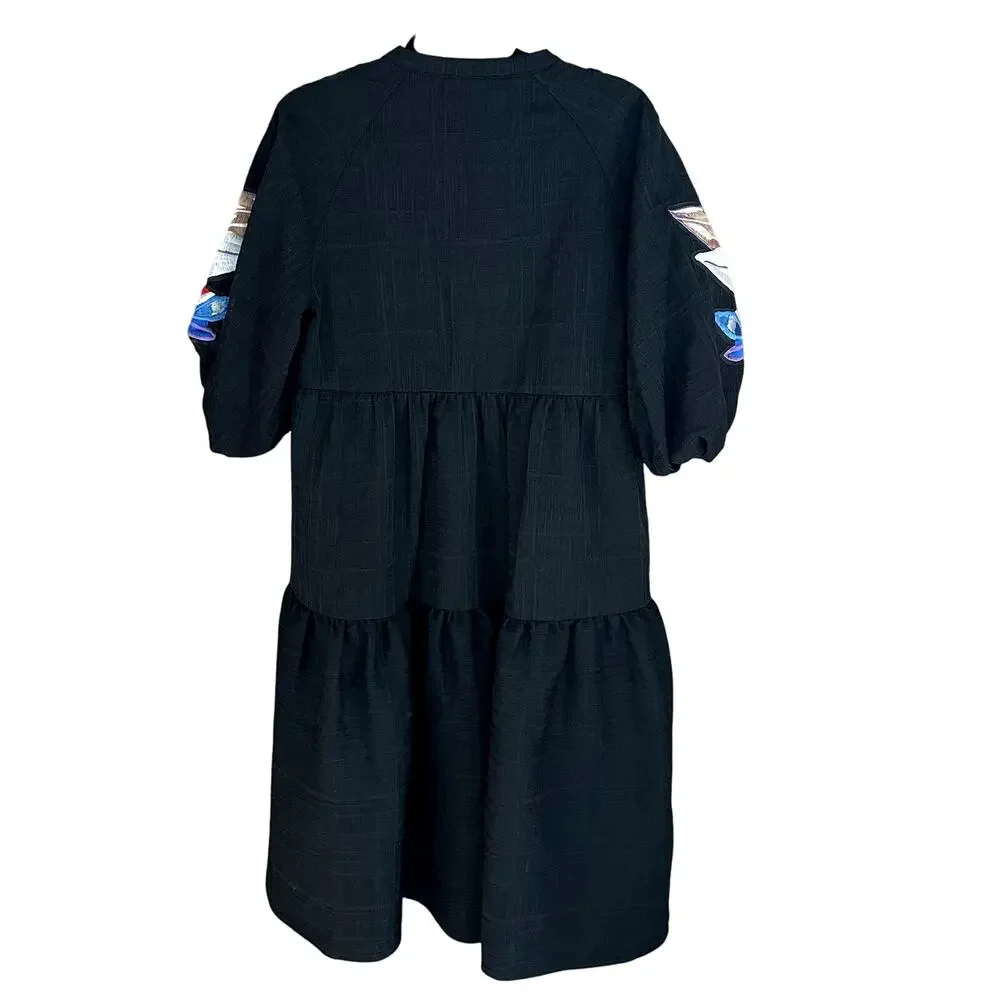 Stella Jean Bird Embroidered Short Sleeve Tiered Midi Dress Black. - Picture 3 of 6